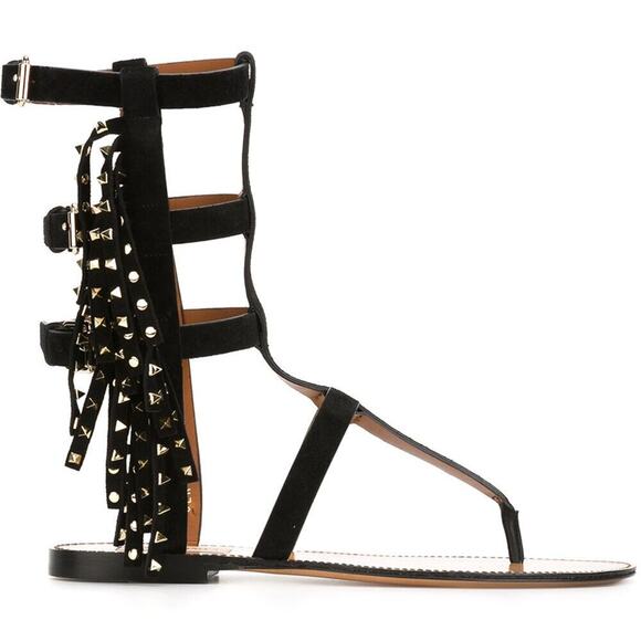 Valentino Fringed Rockstud Gladiator Flat Sandals SZ 36.5 New Caged Black $1675 - Picture 1 of 12